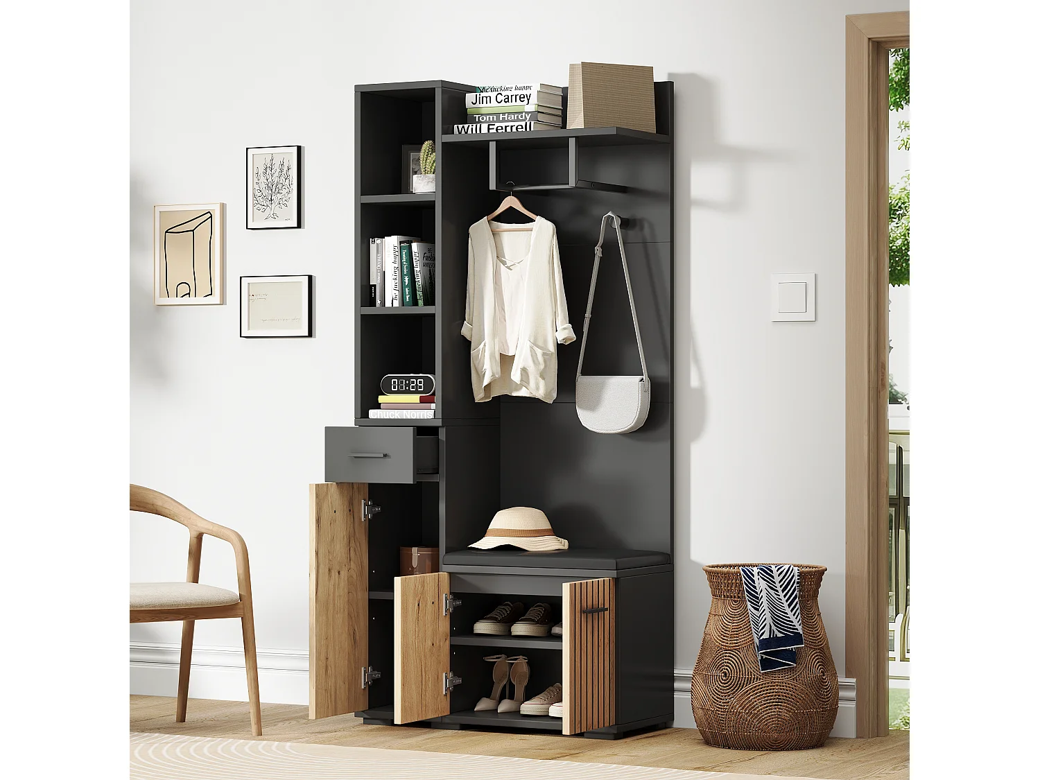 Porte-manteau noir et bois naturel avec patères, banc à chaussures et rangement