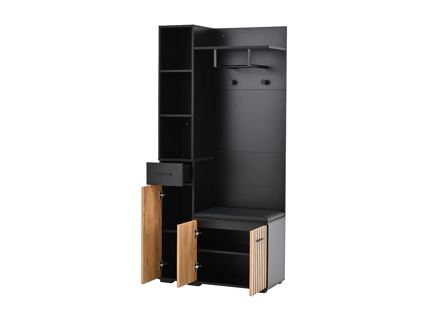 Porte-manteau noir et bois naturel avec patères, banc à chaussures et rangement