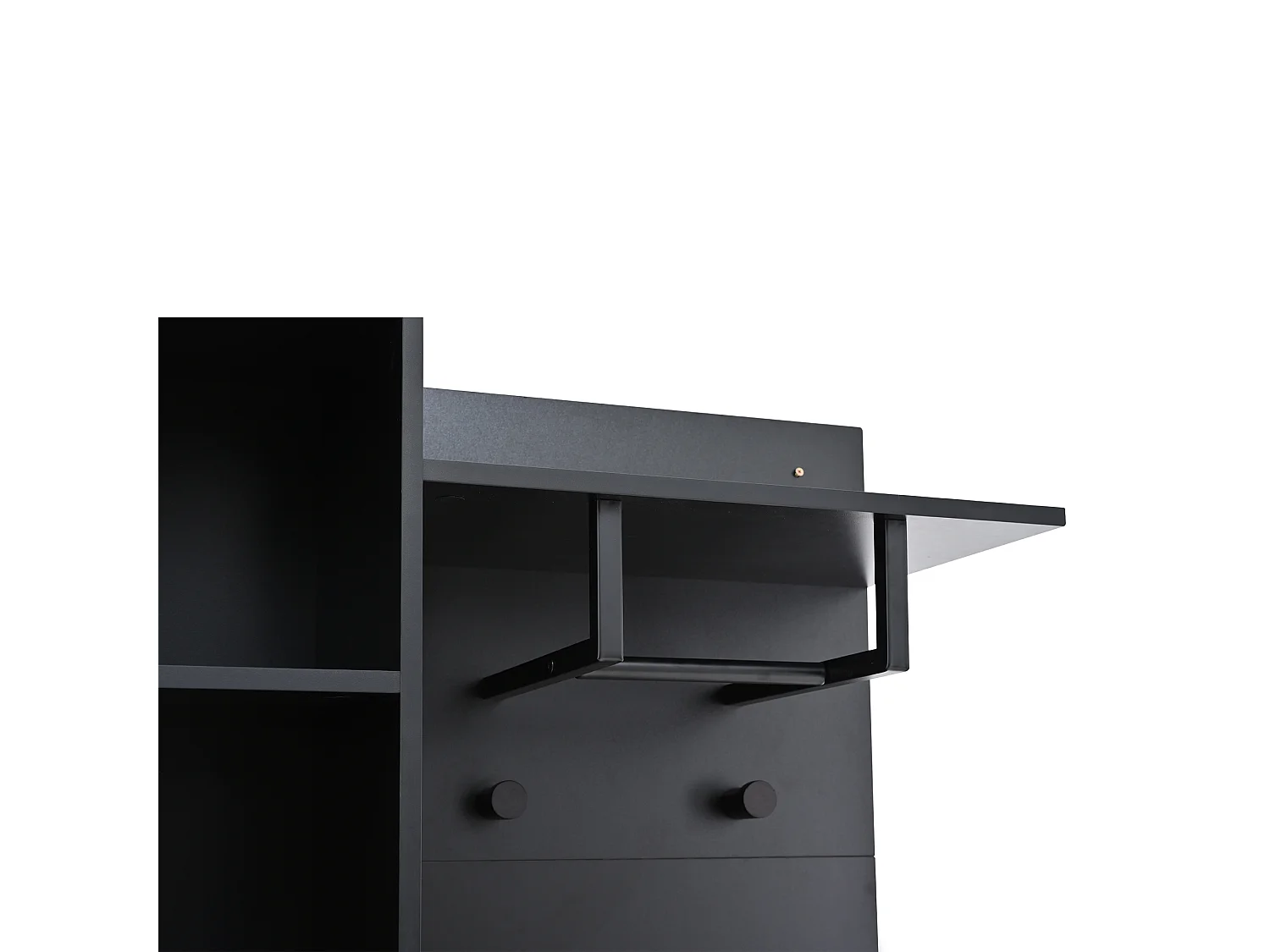 Porte-manteau noir et bois naturel avec patères, banc à chaussures et rangement