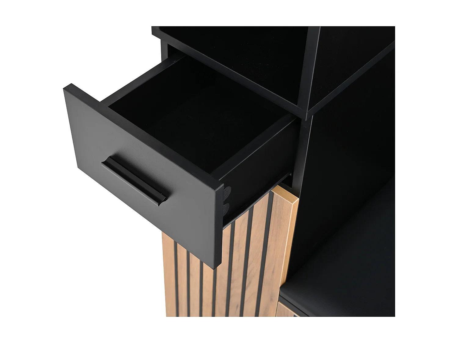 Porte-manteau noir et bois naturel avec patères, banc à chaussures et rangement