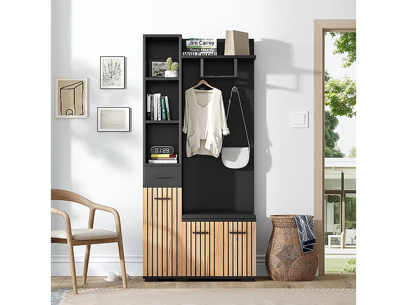 Porte-manteau noir et bois naturel avec patères, banc à chaussures et rangement