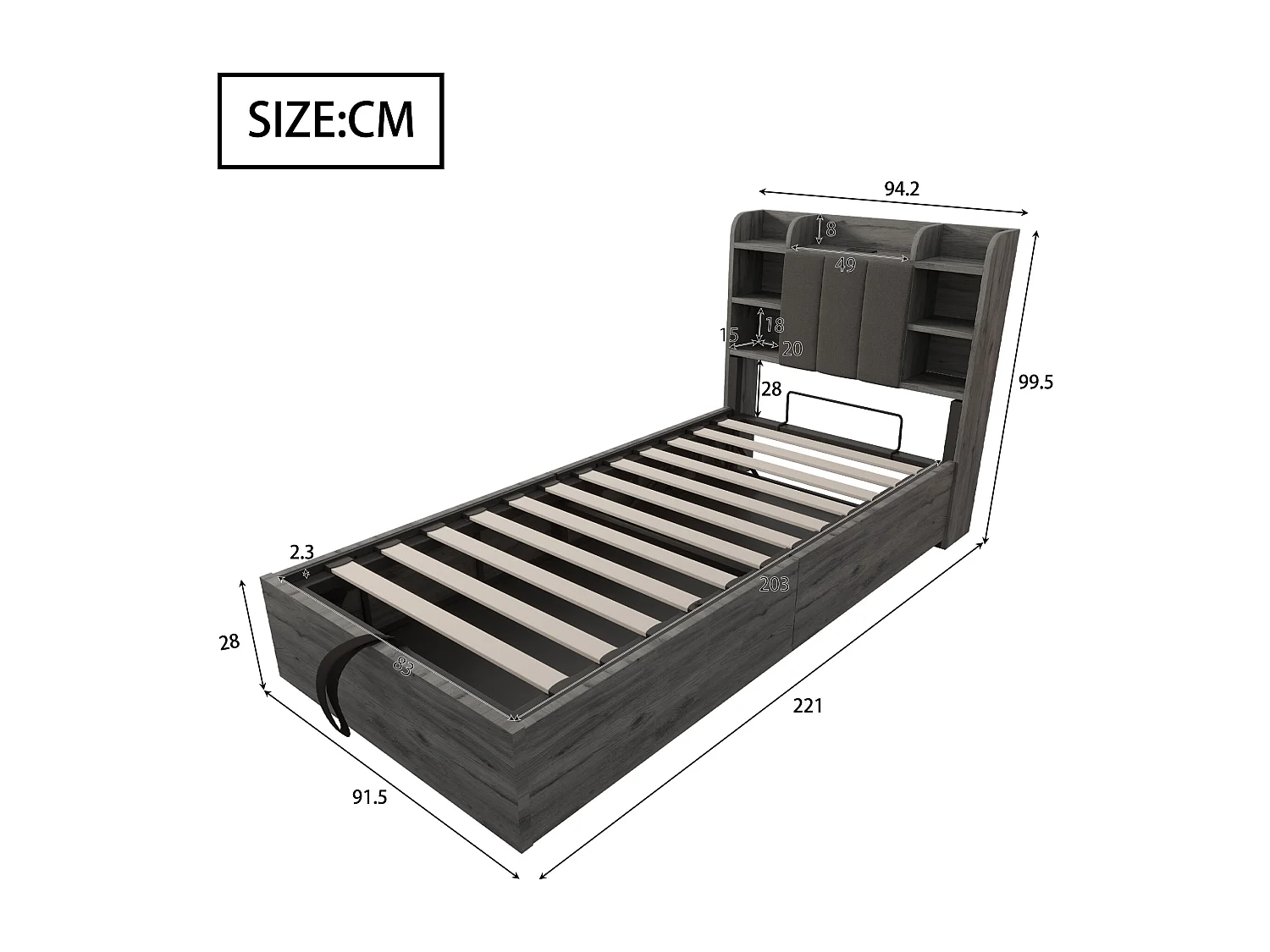 Lit coffre 90 x 200 cm, tête de lit avec rangement et port USB, bois gris - sans matelas