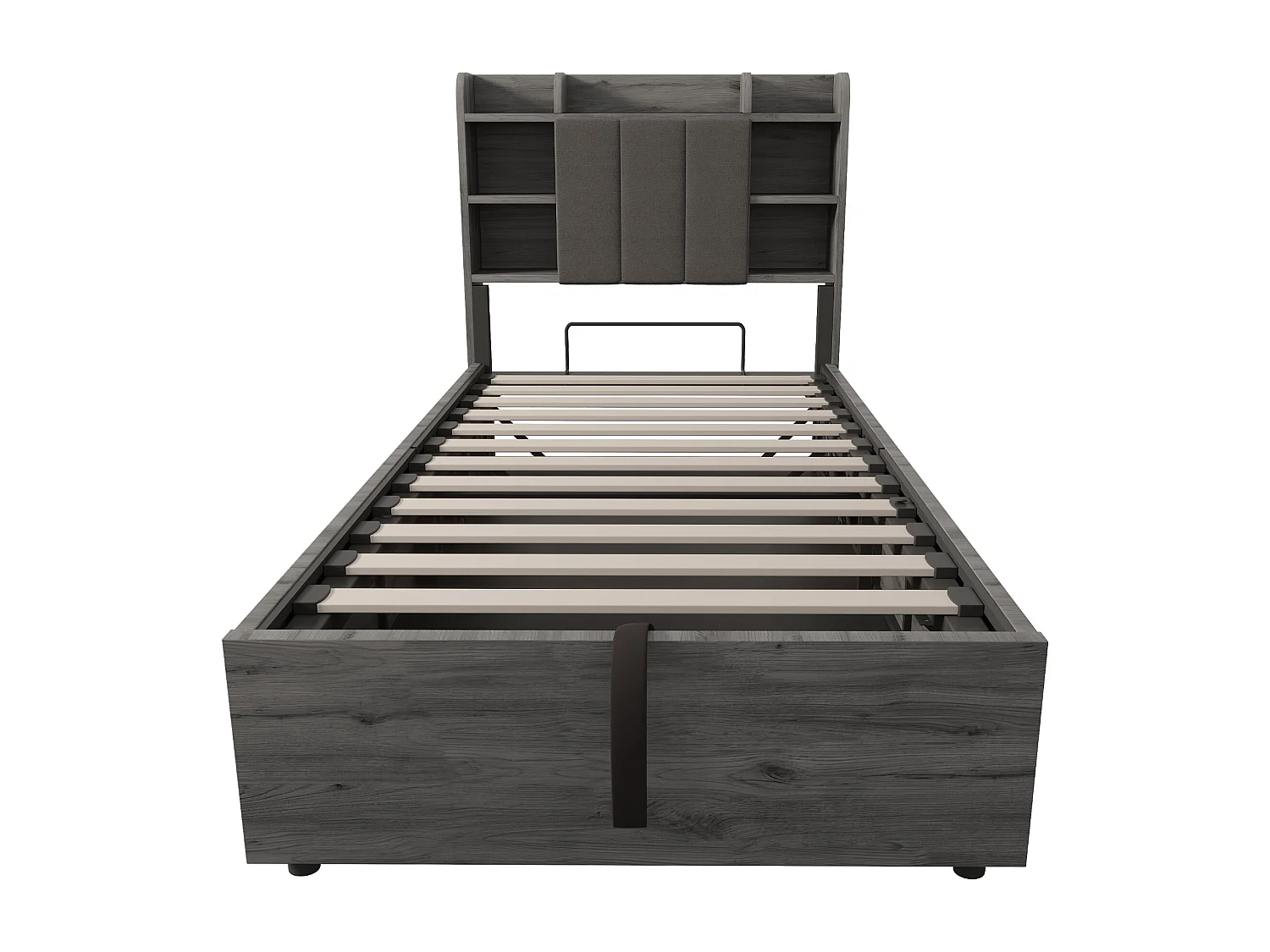 Lit coffre 90 x 200 cm, tête de lit avec rangement et port USB, bois gris - sans matelas