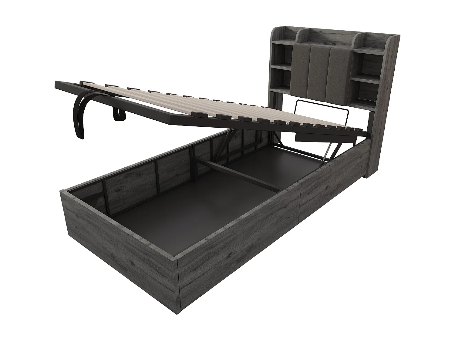 Lit coffre 90 x 200 cm, tête de lit avec rangement et port USB, bois gris - sans matelas