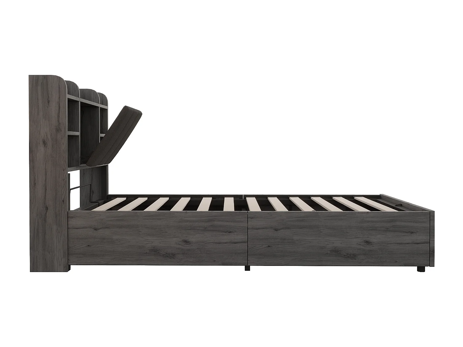 Lit coffre 90 x 200 cm, tête de lit avec rangement et port USB, bois gris - sans matelas