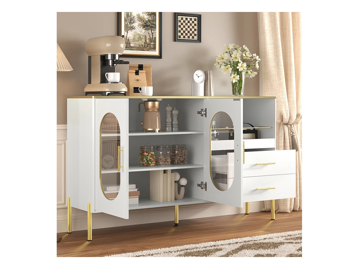 Buffet blanc avec 2 tiroirs et 2 portes vitrées, poignées et pieds dorés - pour salon et salle à manger