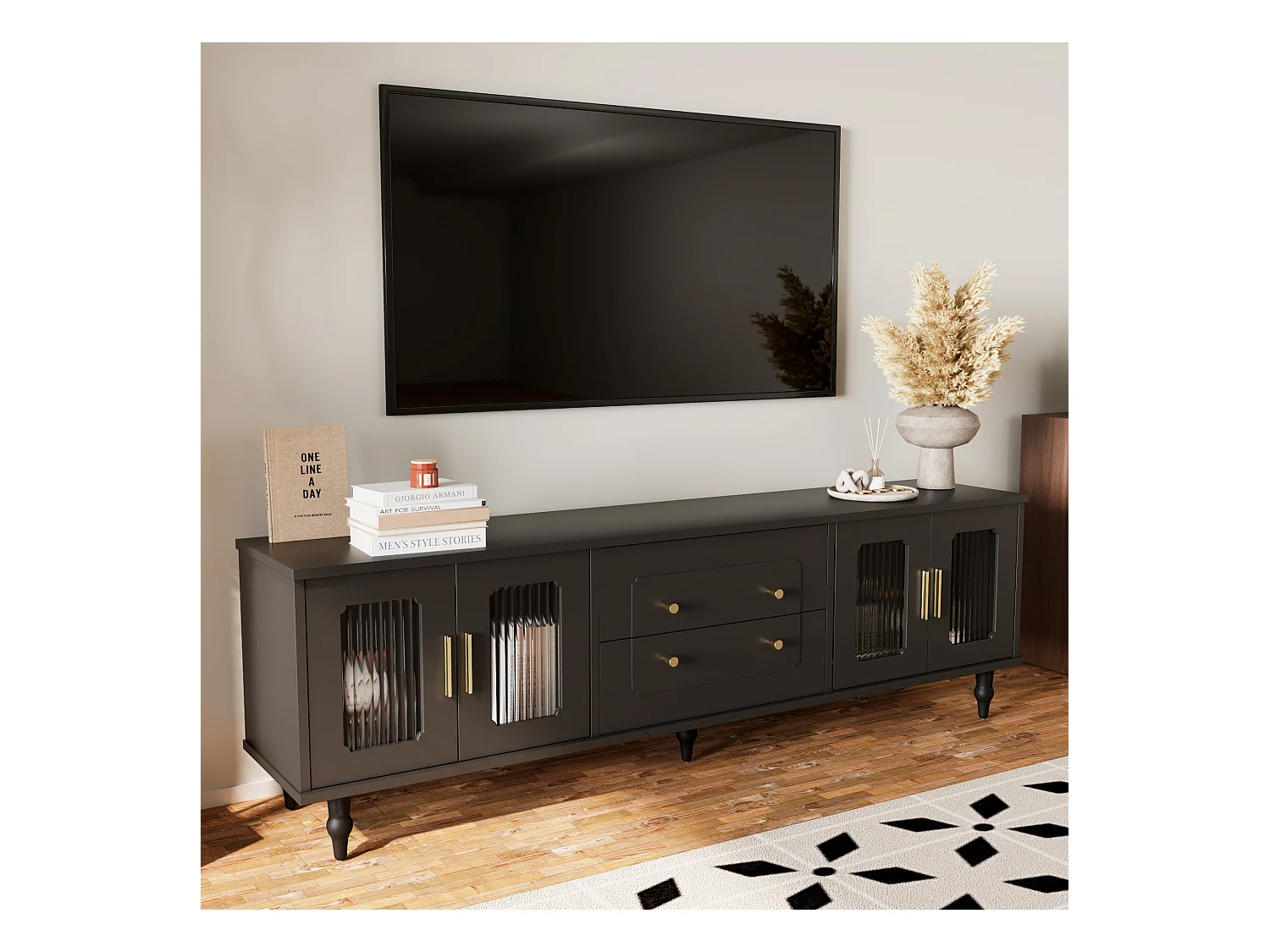 Meuble TV noir avec 4 portes et 2 tiroirs,  pieds en bois noir - pour salon et bureau