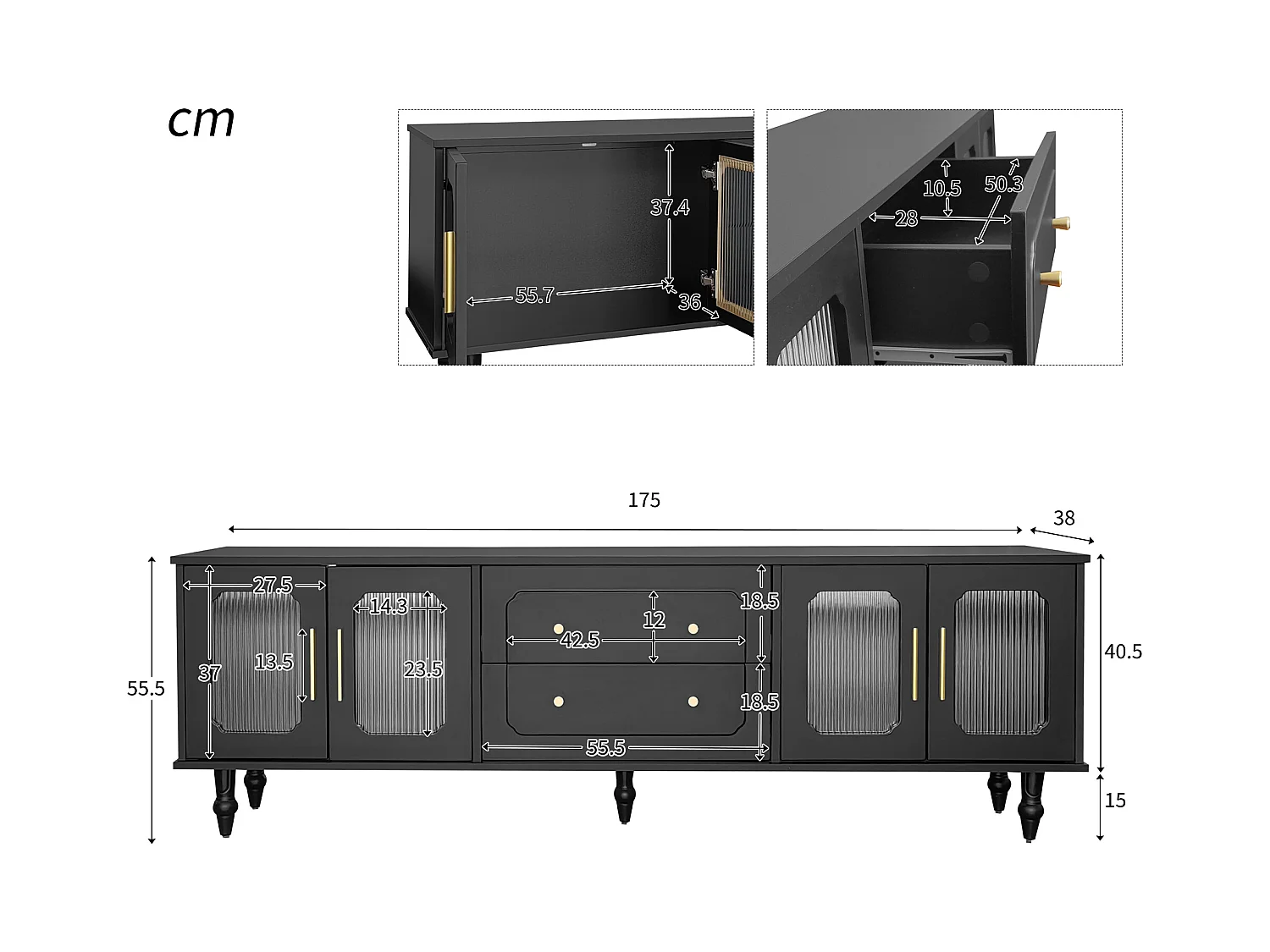 Meuble TV noir avec 4 portes et 2 tiroirs,  pieds en bois noir - pour salon et bureau