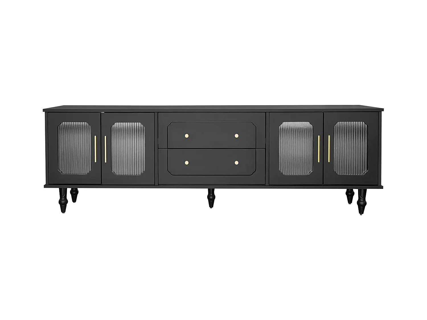 Meuble TV noir avec 4 portes et 2 tiroirs,  pieds en bois noir - pour salon et bureau