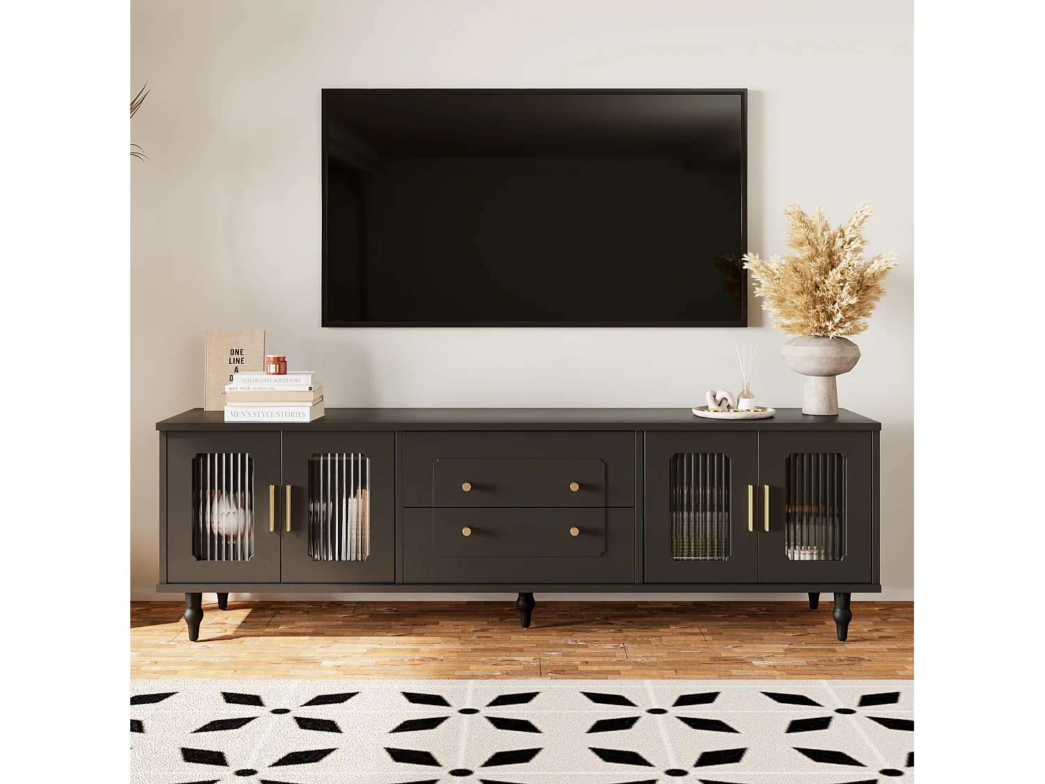 Mueble de TV negro con 4 puertas y 2 cajones, patas de madera negras - para salón y oficina