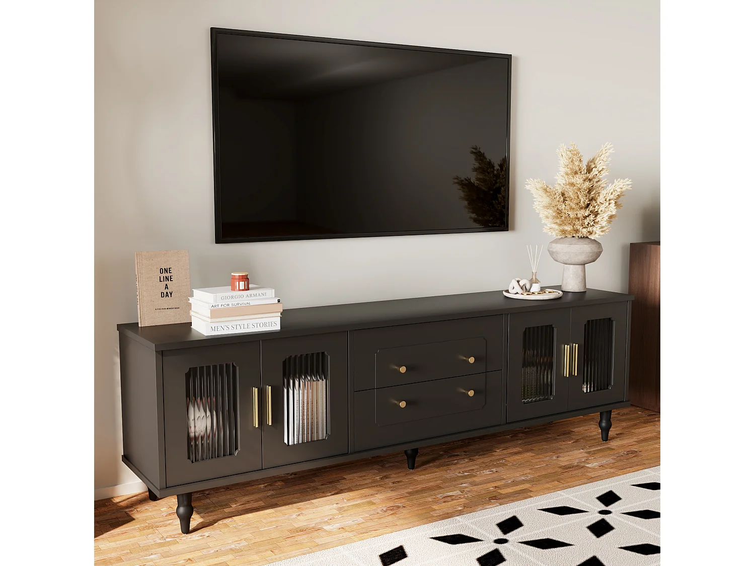 Mueble de TV negro con 4 puertas y 2 cajones, patas de madera negras - para salón y oficina