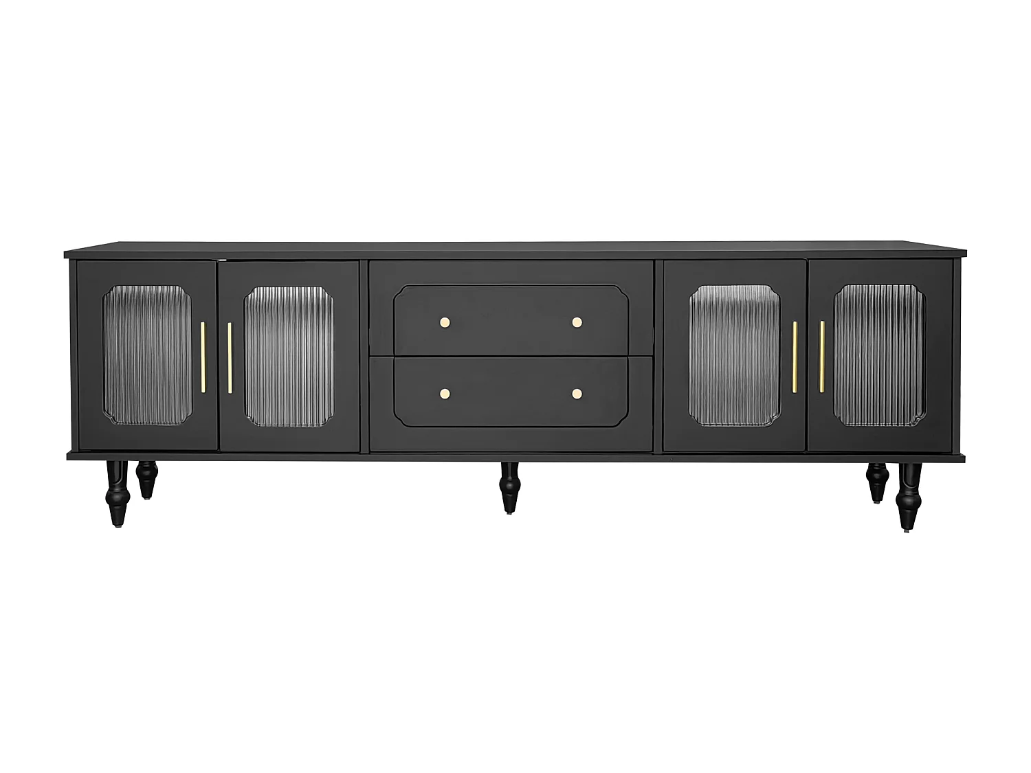 Mueble de TV negro con 4 puertas y 2 cajones, patas de madera negras - para salón y oficina