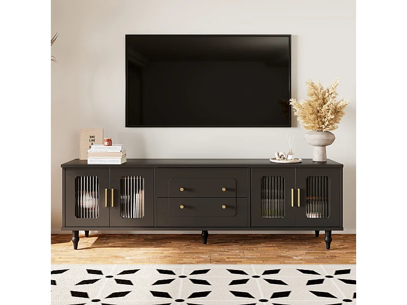 Meuble TV noir avec 4 portes et 2 tiroirs,  pieds en bois noir - pour salon et bureau