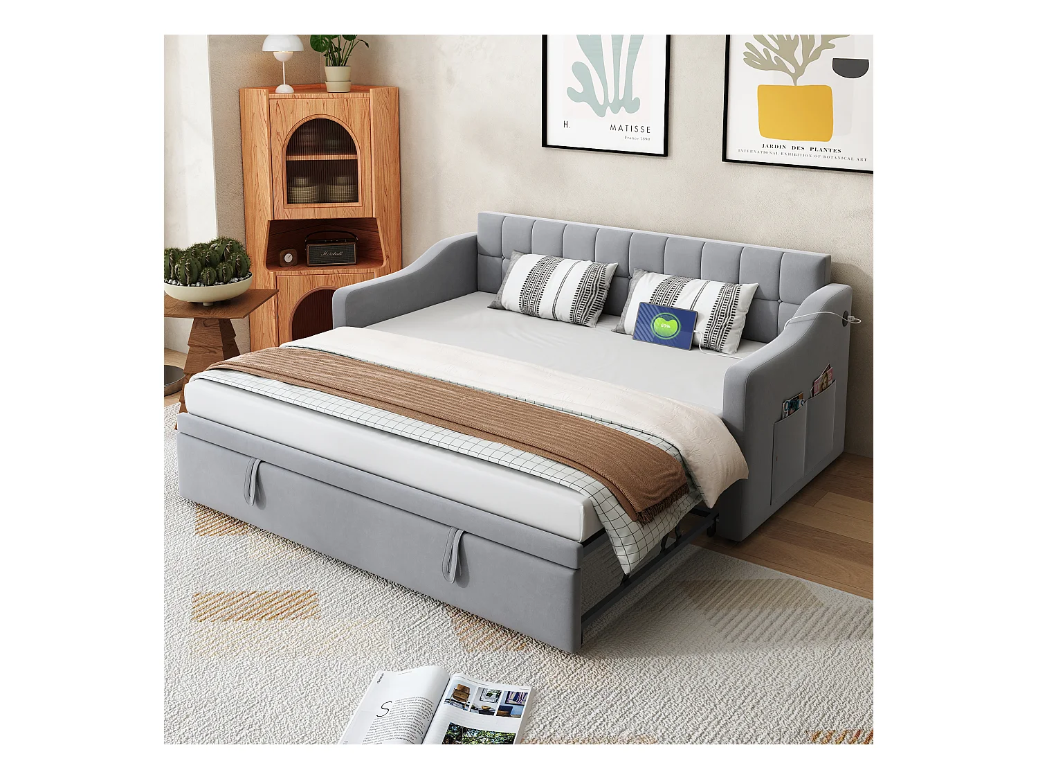 Lit banquette 90/180x190 cm, velours gris clair, avec lit gigogne et prise USB - sans matelas