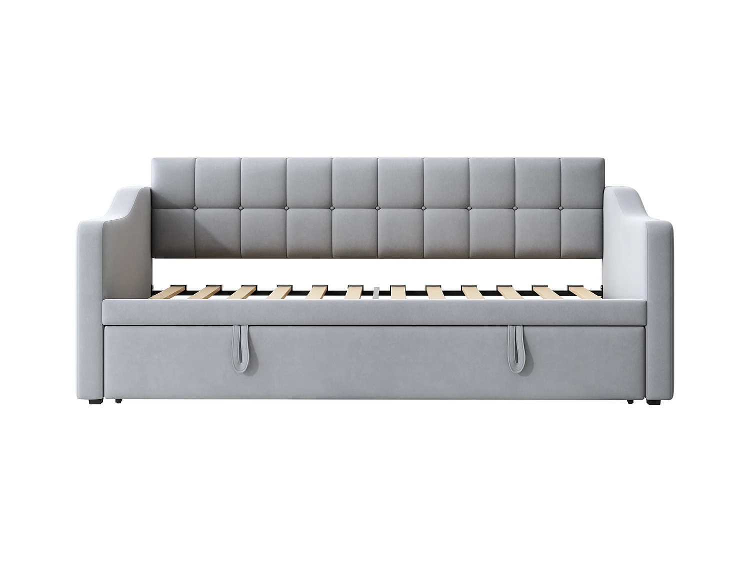 Lit banquette 90/180x190 cm, velours gris clair, avec lit gigogne et prise USB - sans matelas