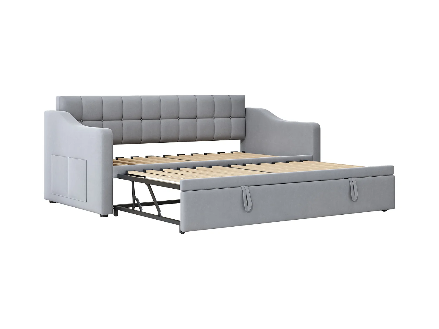 Lit banquette 90/180x190 cm, velours gris clair, avec lit gigogne et prise USB - sans matelas