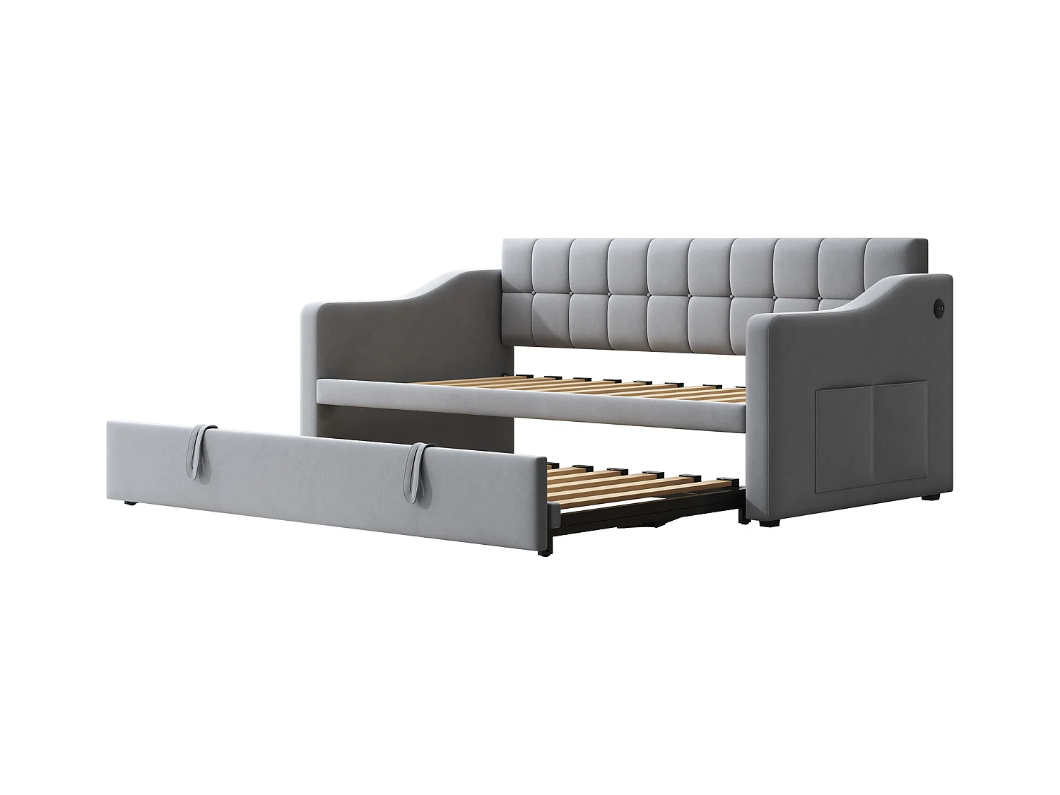 Lit banquette 90/180x190 cm, velours gris clair, avec lit gigogne et prise USB - sans matelas