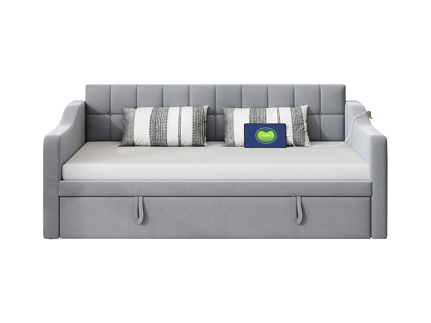 Lit banquette 90/180x190 cm, velours gris clair, avec lit gigogne et prise USB - sans matelas