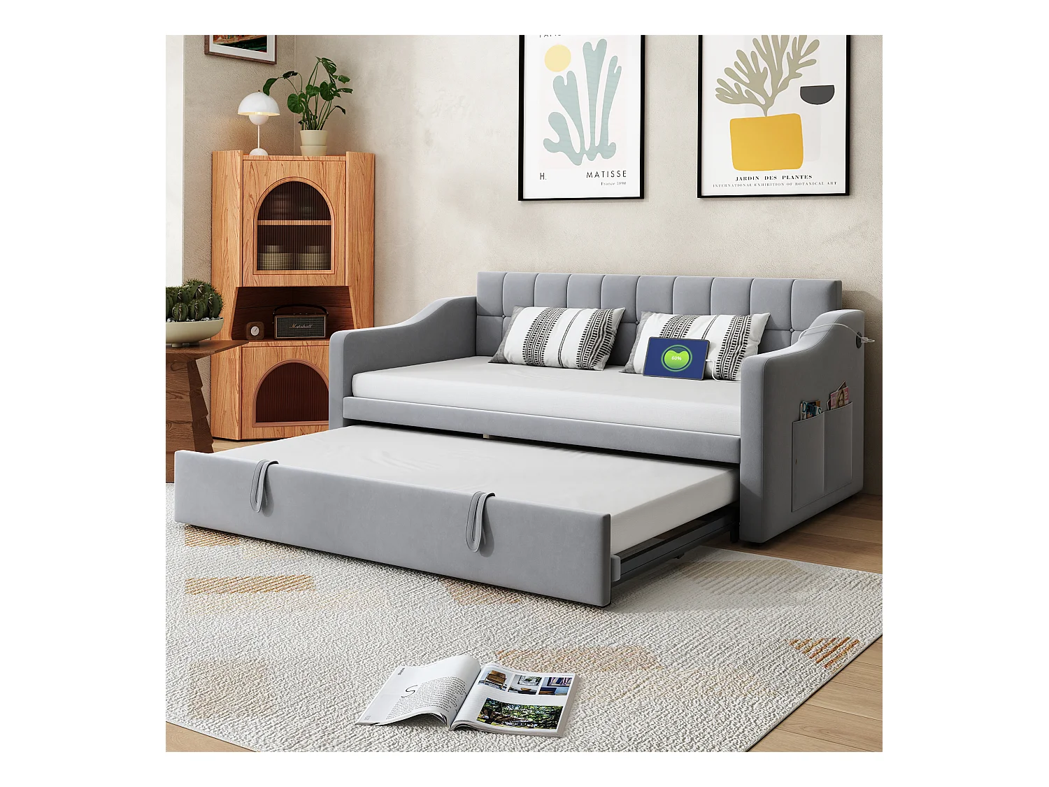 Lit banquette 90/180x190 cm, velours gris clair, avec lit gigogne et prise USB - sans matelas