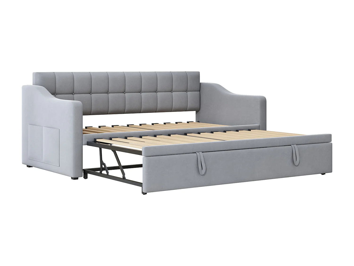 Slaapbank 90/180x190 cm, lichtgrijs fluweel, met uitschuifbaar bed en USB-aansluiting - zonder matras