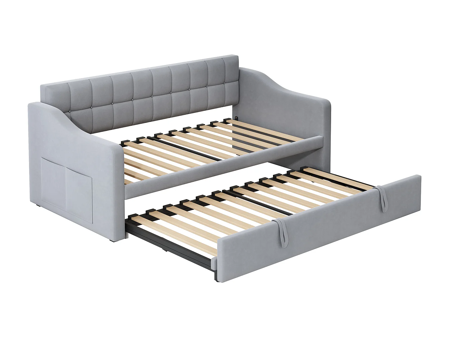 Slaapbank 90/180x190 cm, lichtgrijs fluweel, met uitschuifbaar bed en USB-aansluiting - zonder matras