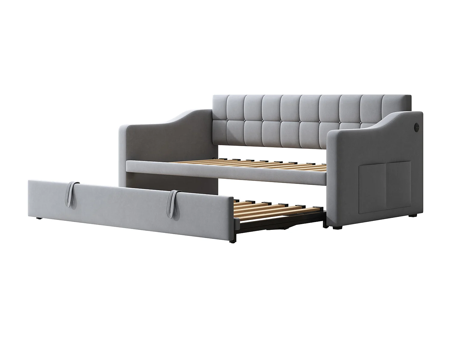 Slaapbank 90/180x190 cm, lichtgrijs fluweel, met uitschuifbaar bed en USB-aansluiting - zonder matras