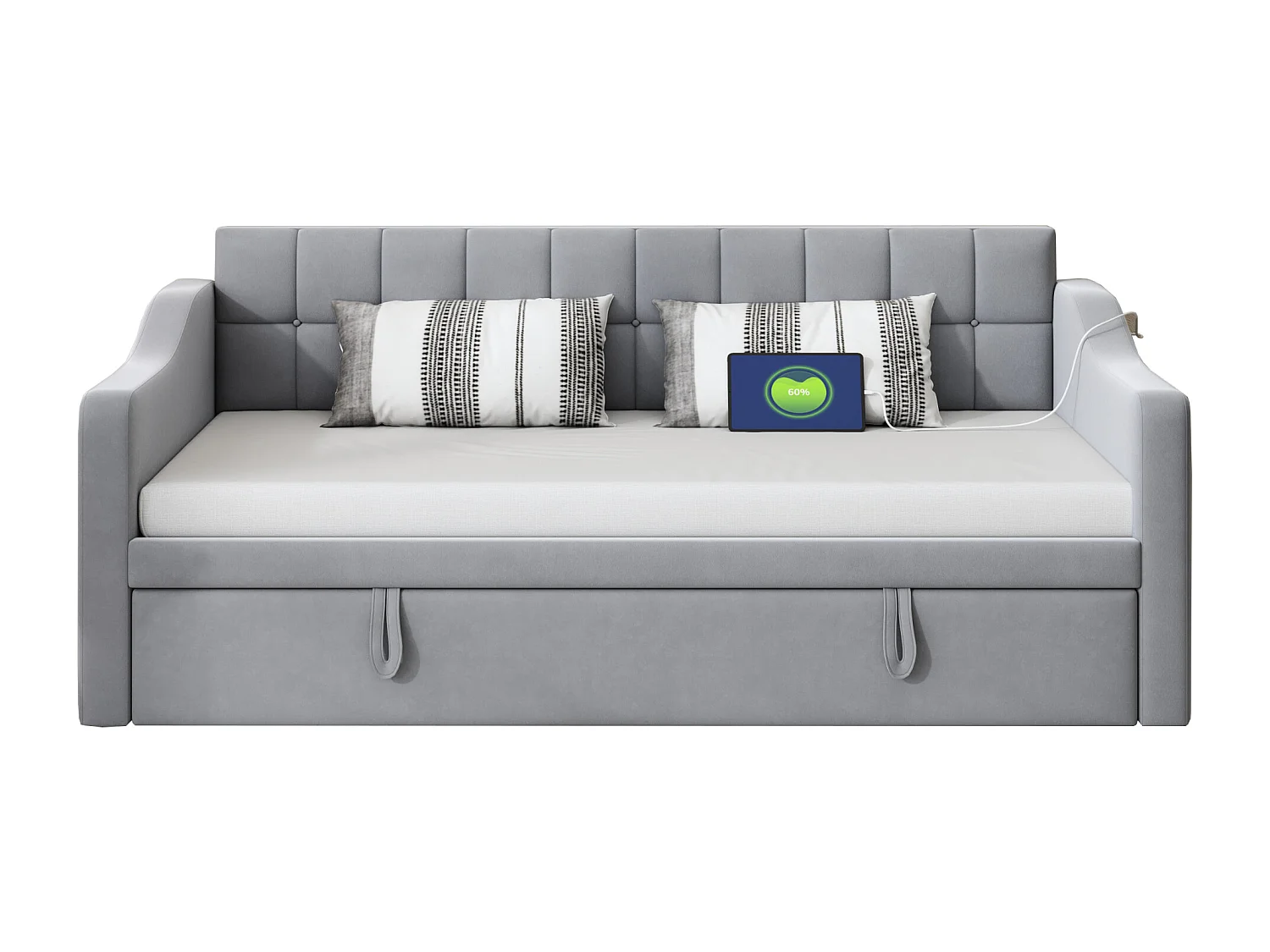 Slaapbank 90/180x190 cm, lichtgrijs fluweel, met uitschuifbaar bed en USB-aansluiting - zonder matras