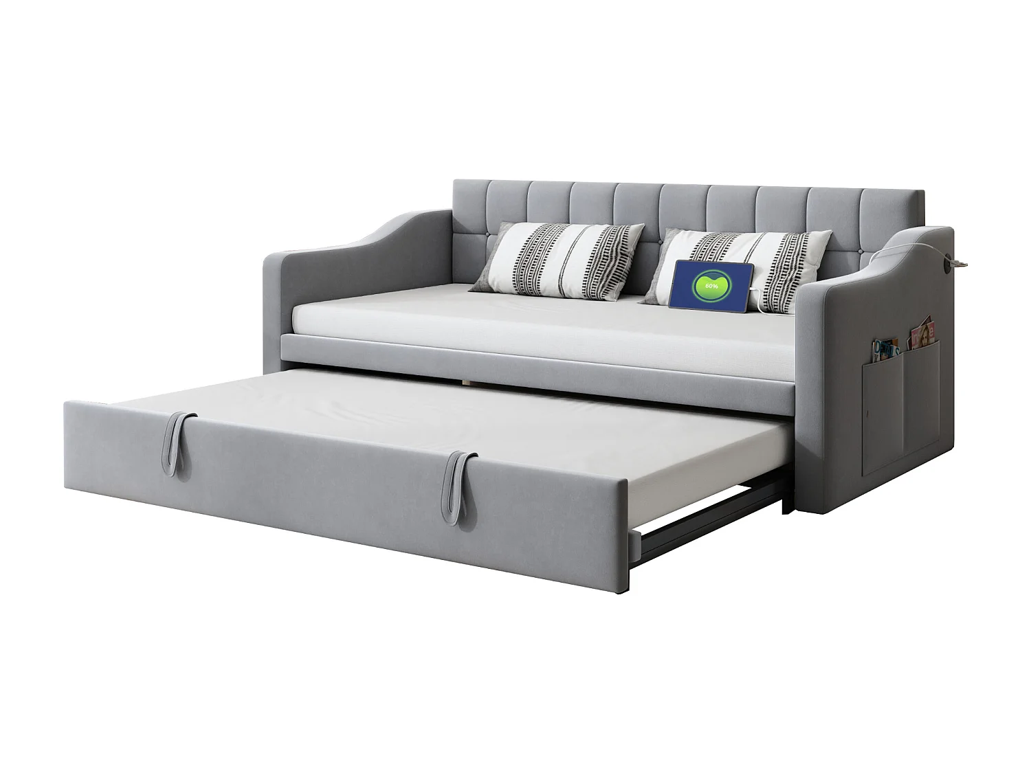 Slaapbank 90/180x190 cm, lichtgrijs fluweel, met uitschuifbaar bed en USB-aansluiting - zonder matras