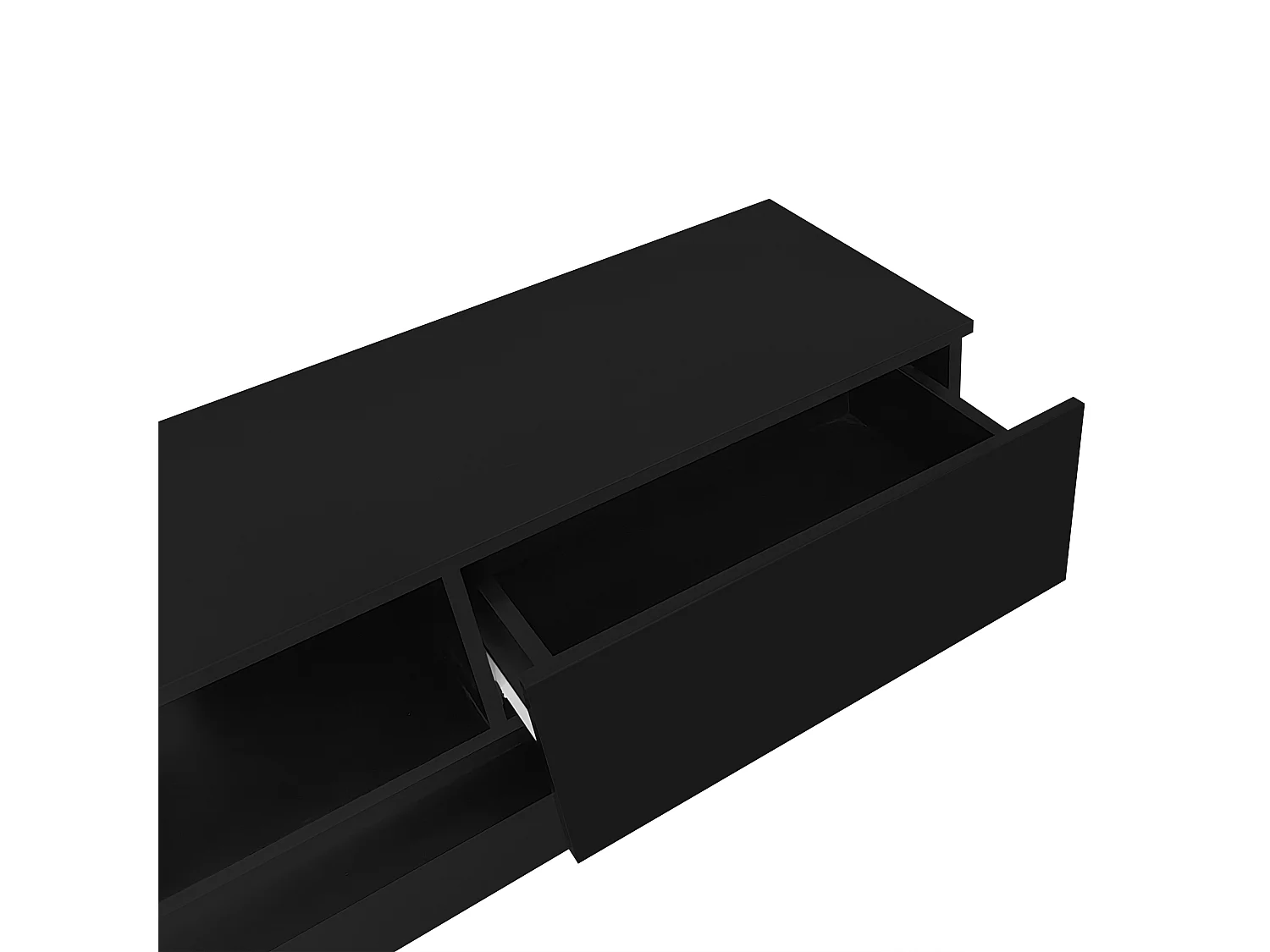 Meuble TV noir avec 2 tiroirs et compartiments de rangement ouverts, éclairage LED