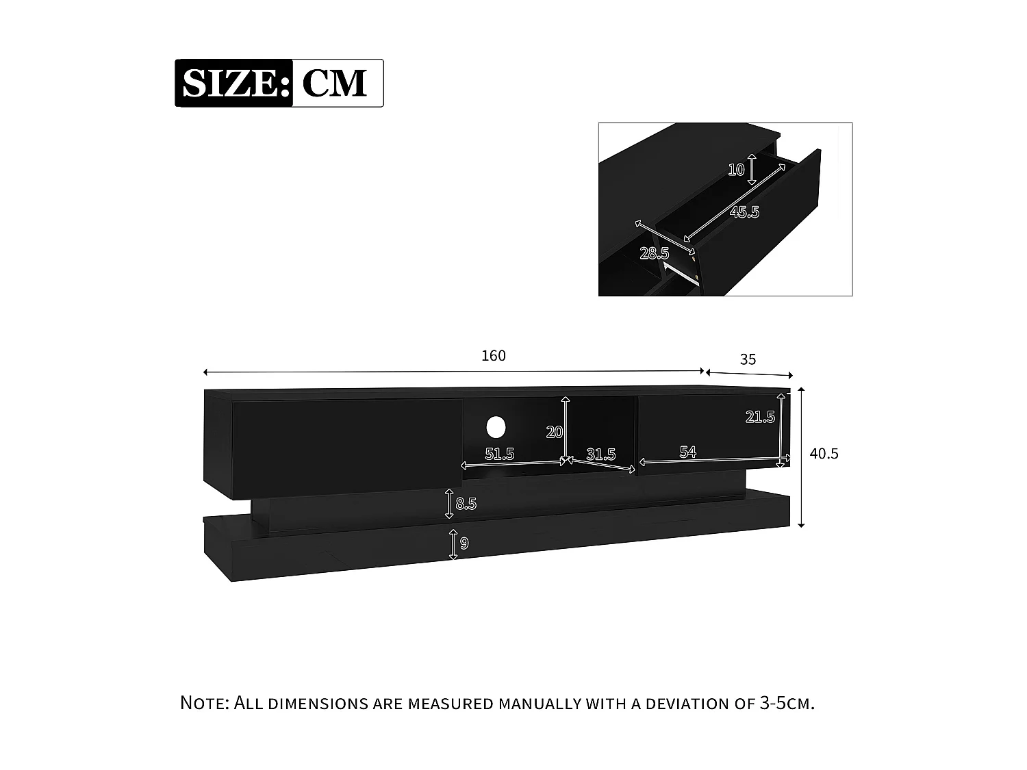 Meuble TV noir avec 2 tiroirs et compartiments de rangement ouverts, éclairage LED