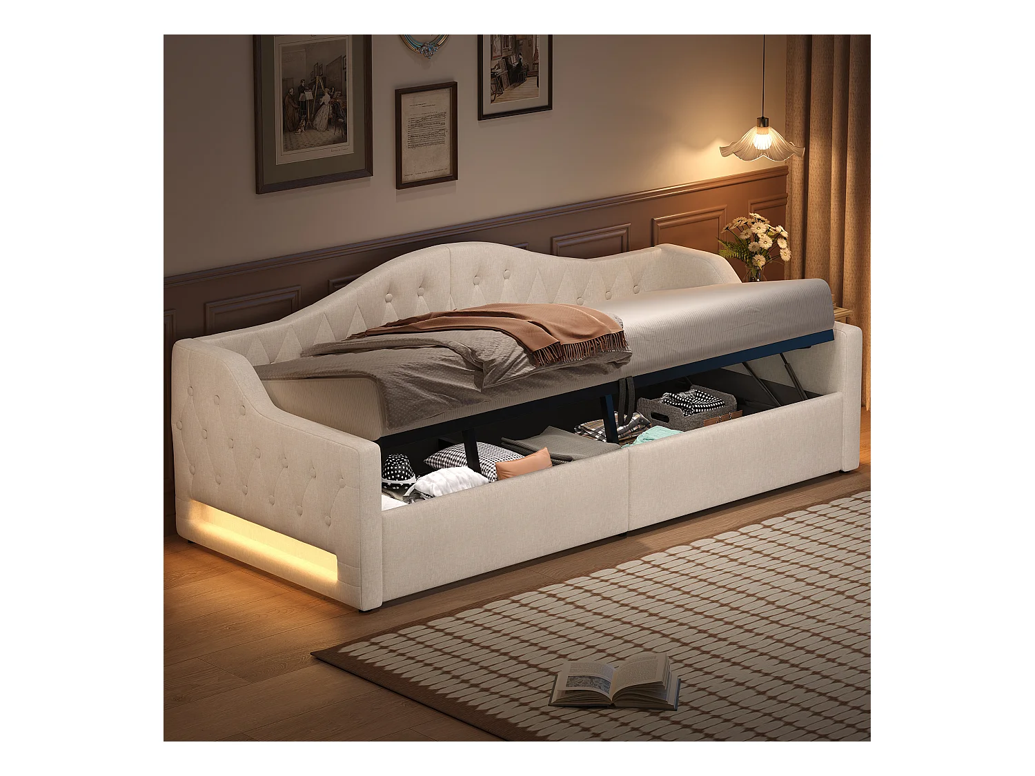 Lit banquette 90x200 cm, lin beige, lit coffre avec bande lumineuse LED et sommier à lattes - sans matelas