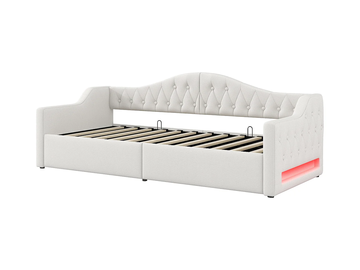 Lit banquette 90x200 cm, lin beige, lit coffre avec bande lumineuse LED et sommier à lattes - sans matelas