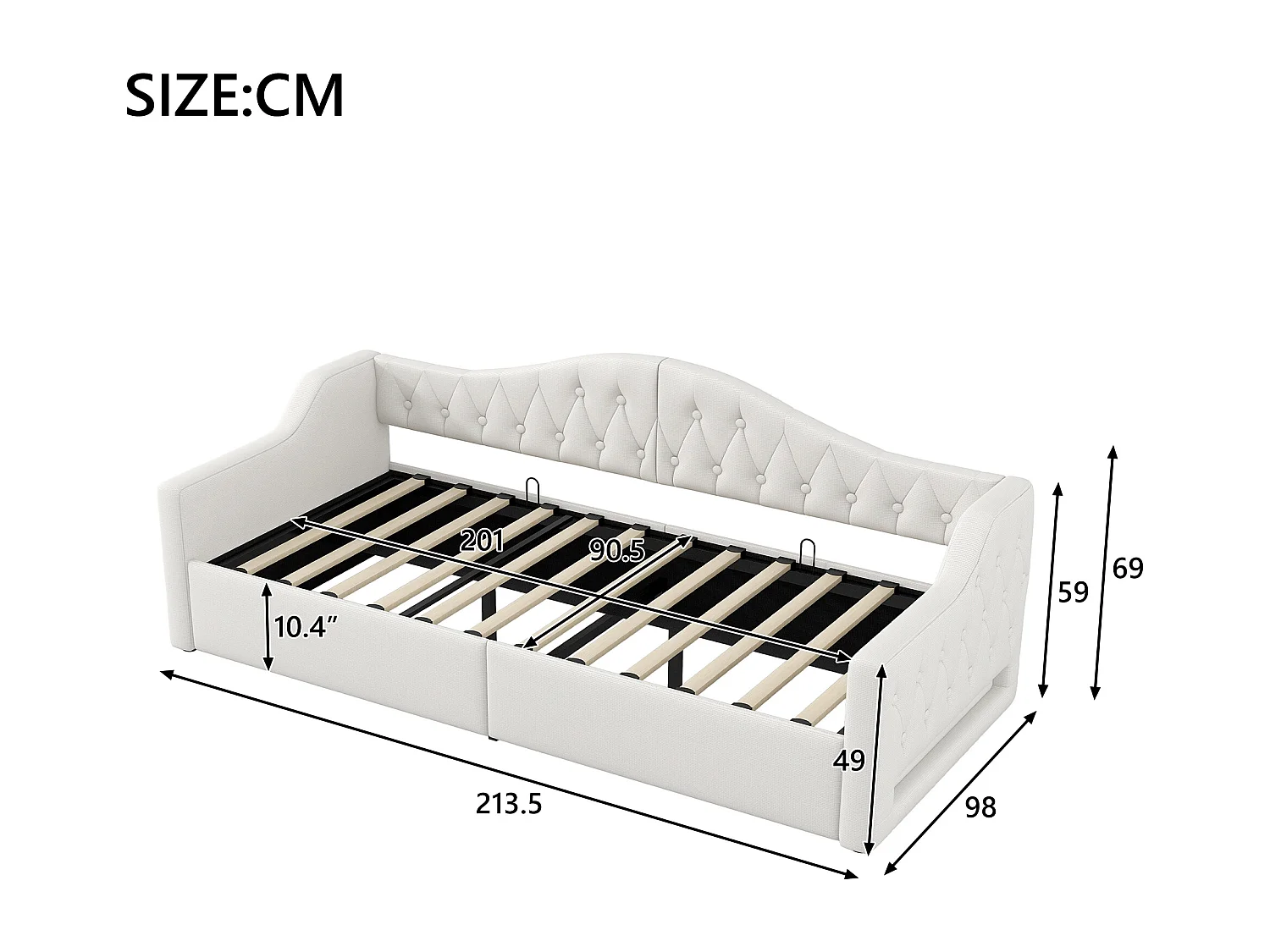 Slaapbank 90x200 cm, beige linnen, bed met opbergruimte, ledstrip en lattenbodem - zonder matras