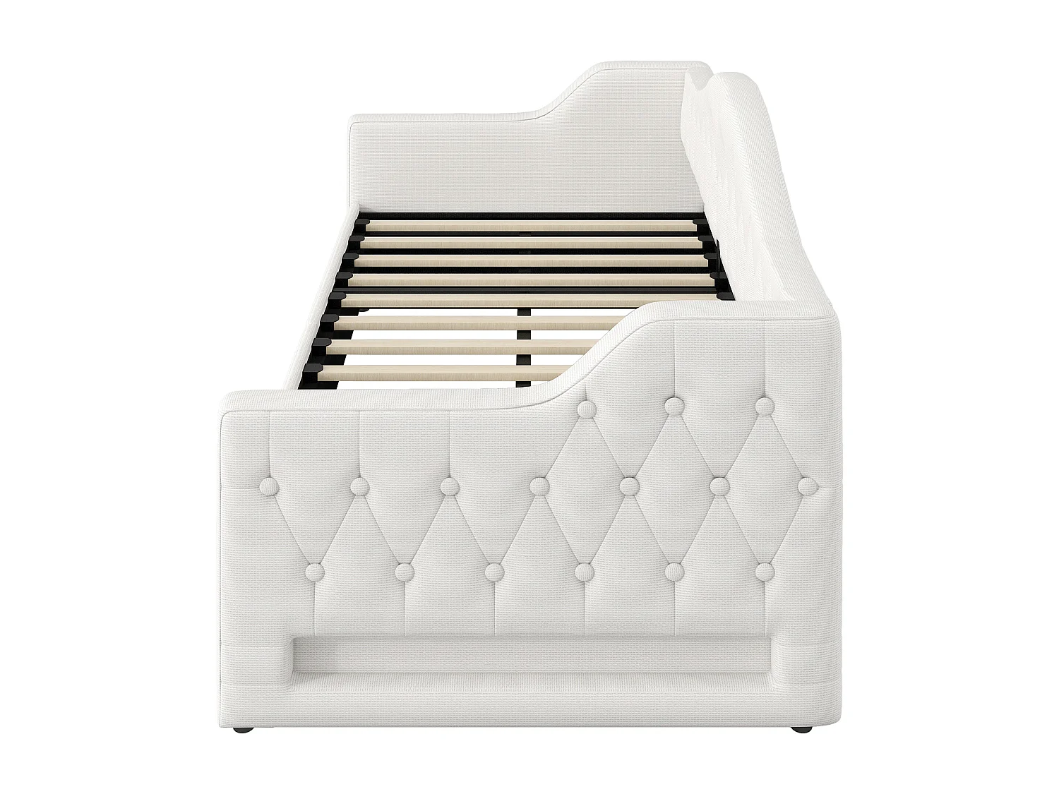 Slaapbank 90x200 cm, beige linnen, bed met opbergruimte, ledstrip en lattenbodem - zonder matras