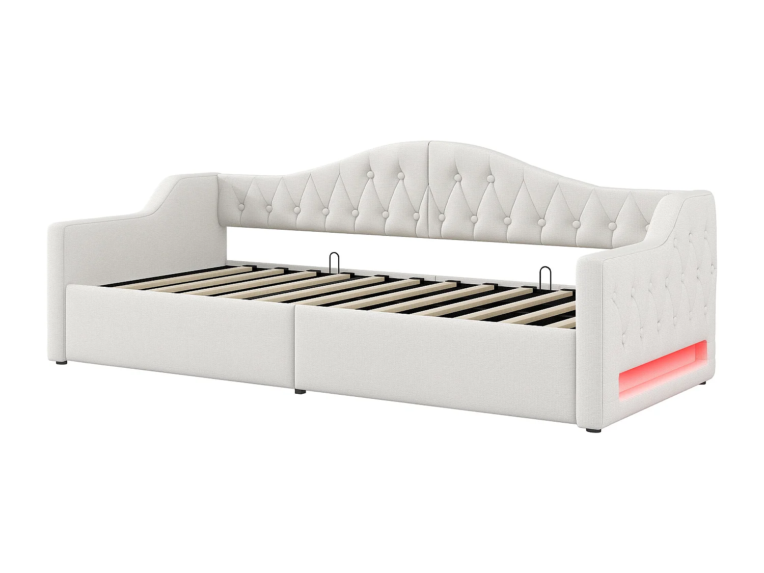 Slaapbank 90x200 cm, beige linnen, bed met opbergruimte, ledstrip en lattenbodem - zonder matras