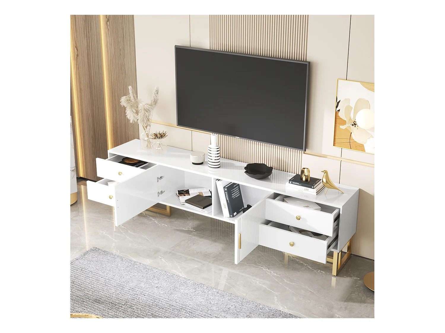 Meuble TV blanc avec 2 portes et 4 tiroirs, poignées dorées et pieds dorés - pour salons et bureaux