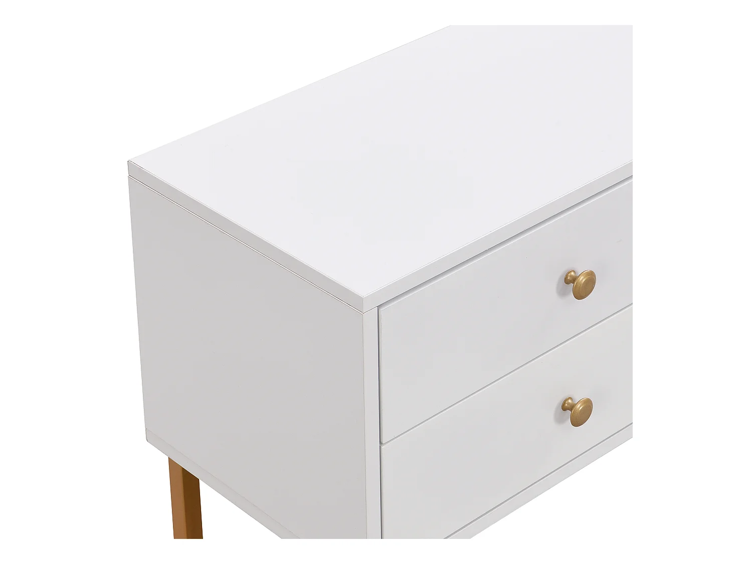 Meuble TV blanc avec 2 portes et 4 tiroirs, poignées dorées et pieds dorés - pour salons et bureaux