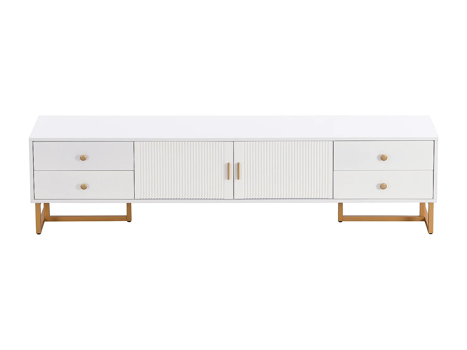 Meuble TV blanc avec 2 portes et 4 tiroirs, poignées dorées et pieds dorés - pour salons et bureaux