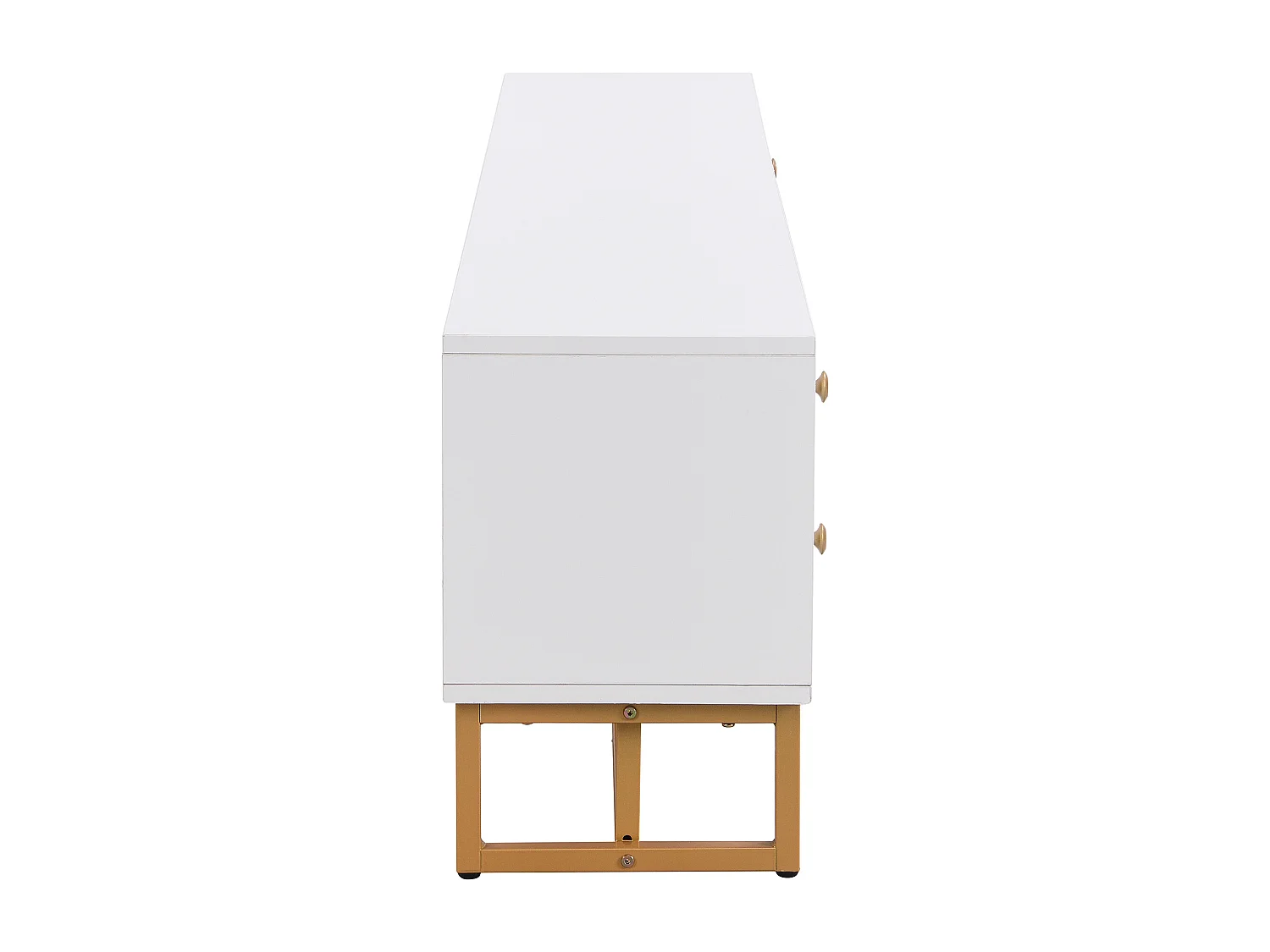 Meuble TV blanc avec 2 portes et 4 tiroirs, poignées dorées et pieds dorés - pour salons et bureaux