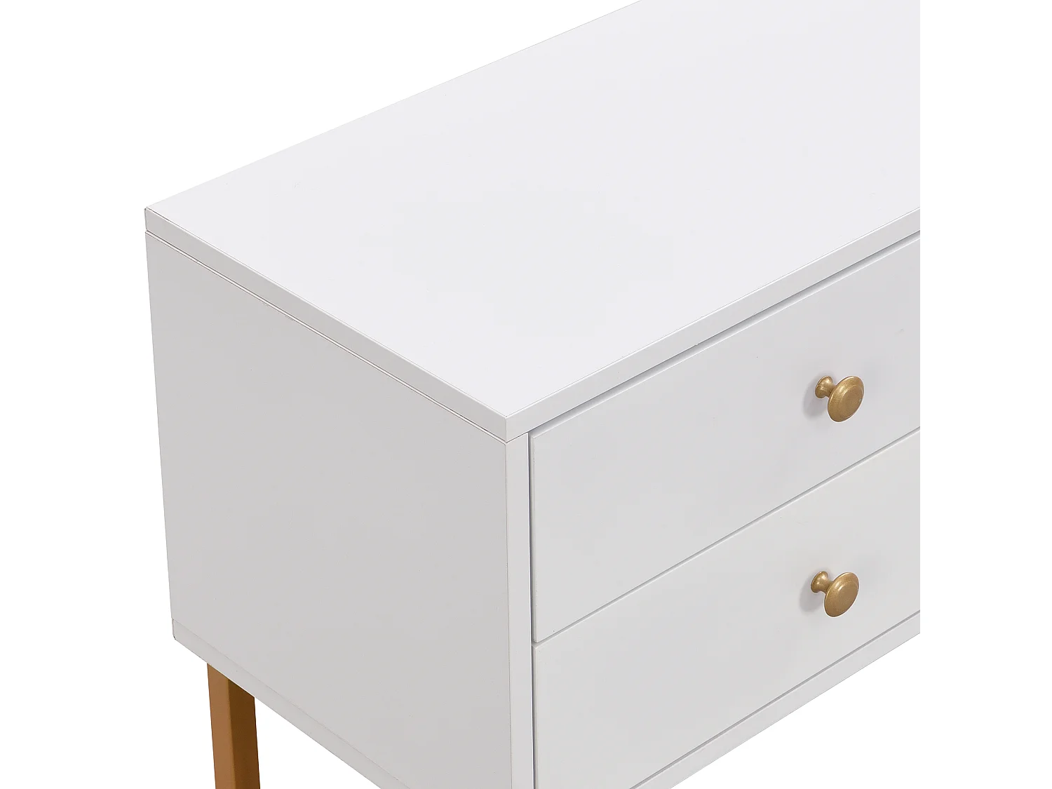 Meuble TV blanc avec 2 portes et 4 tiroirs, poignées dorées et pieds dorés - pour salons et bureaux