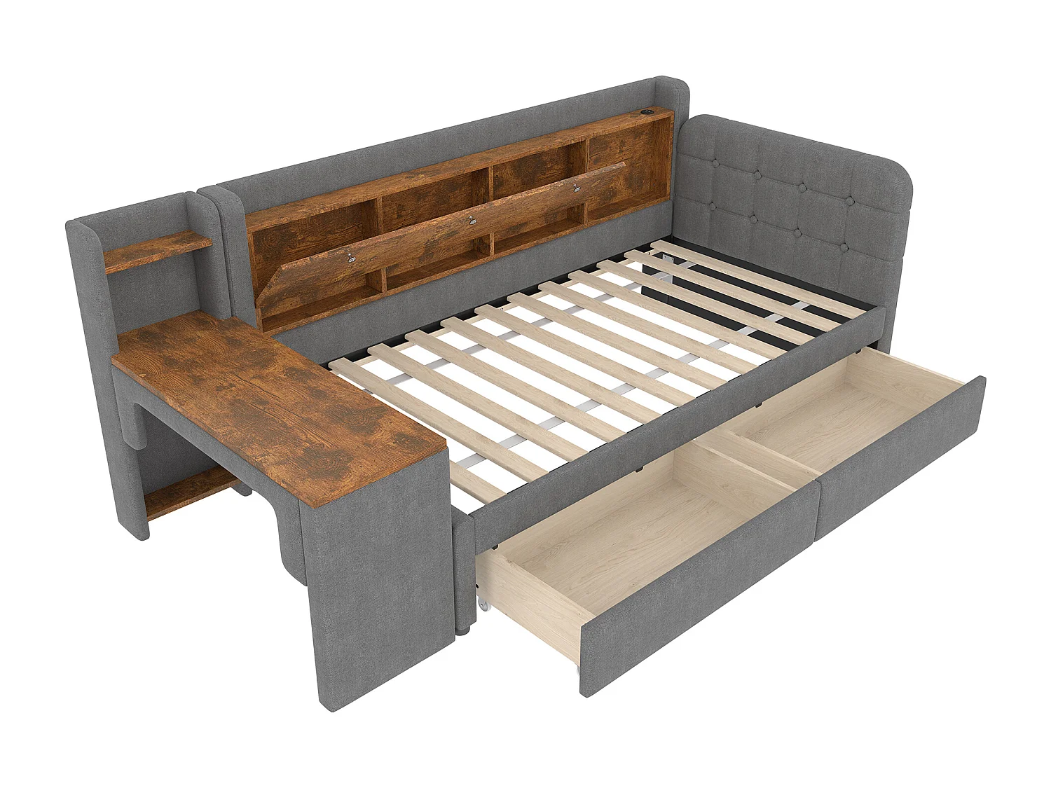 Slaapbank 90x200 cm, grijs linnen, volwassen bed met bureau en 2 lades, USB-aansluiting - zonder matras