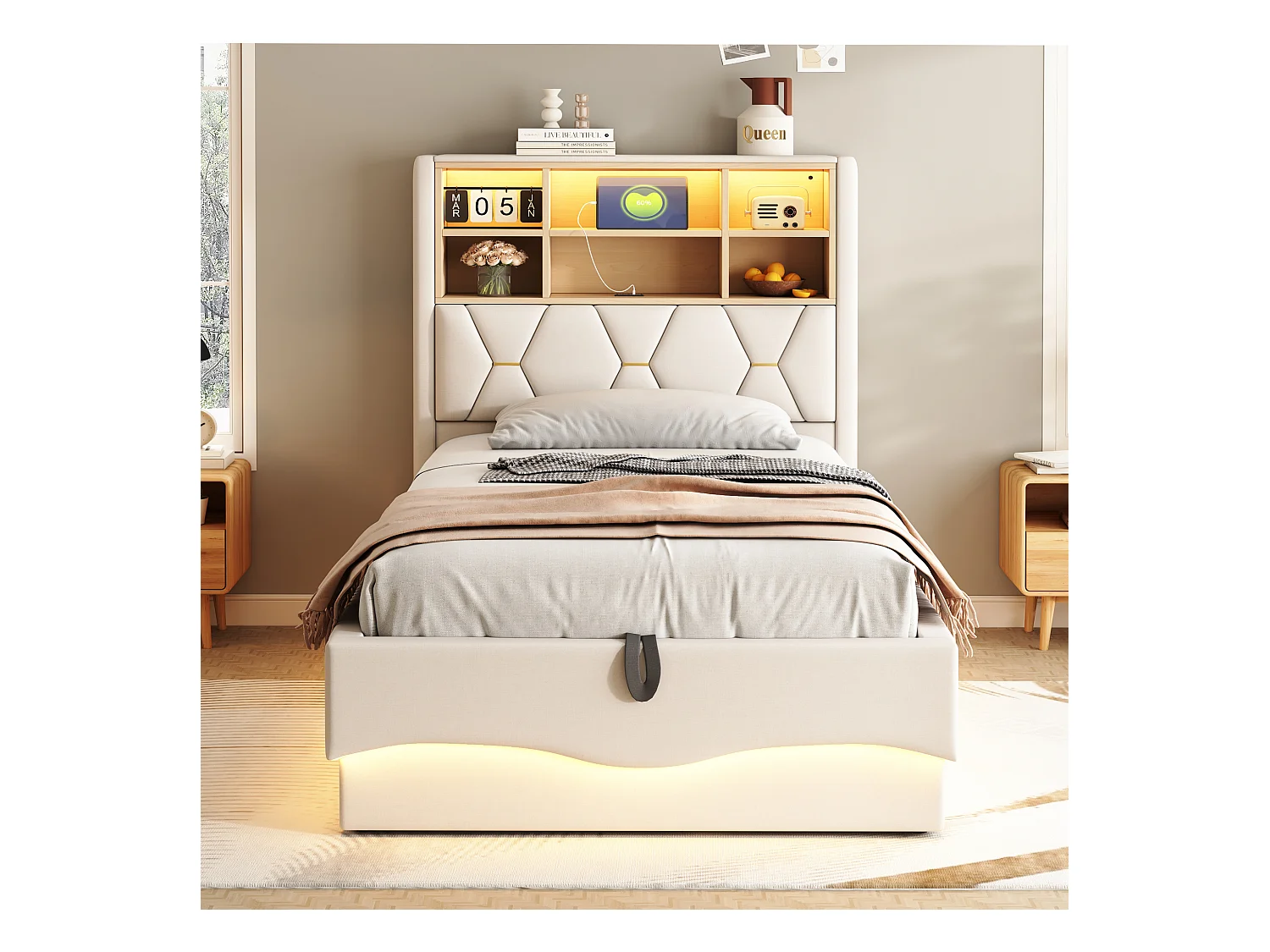 Lit coffre 90x200 cm, lin beige, lit enfant avec éclairage LED et port USB, tête de lit rangement - sans matelas