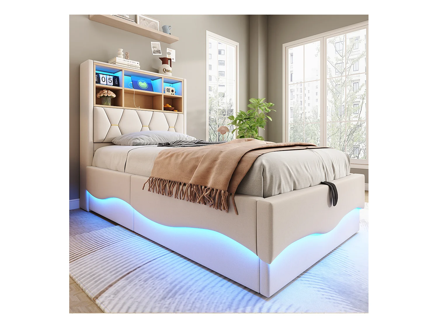Lit coffre 90x200 cm, lin beige, lit enfant avec éclairage LED et port USB, tête de lit rangement - sans matelas