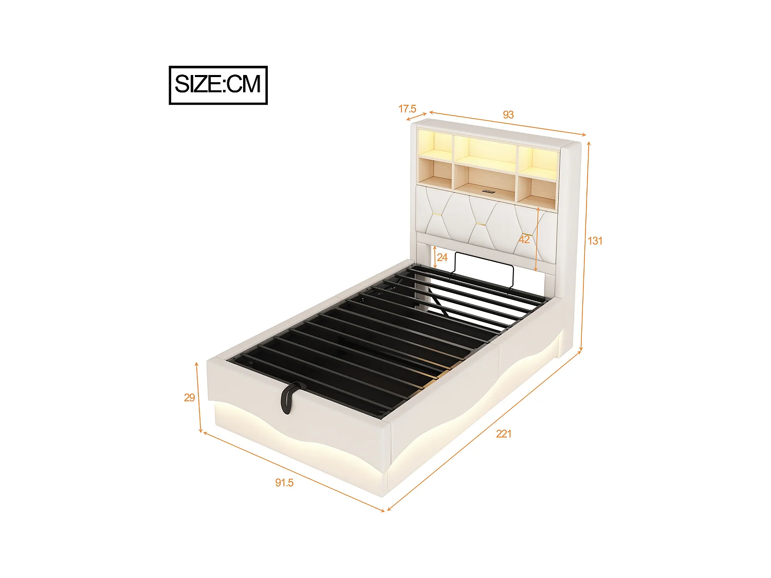 Lit coffre 90x200 cm, lin beige, lit enfant avec éclairage LED et port USB, tête de lit rangement - sans matelas