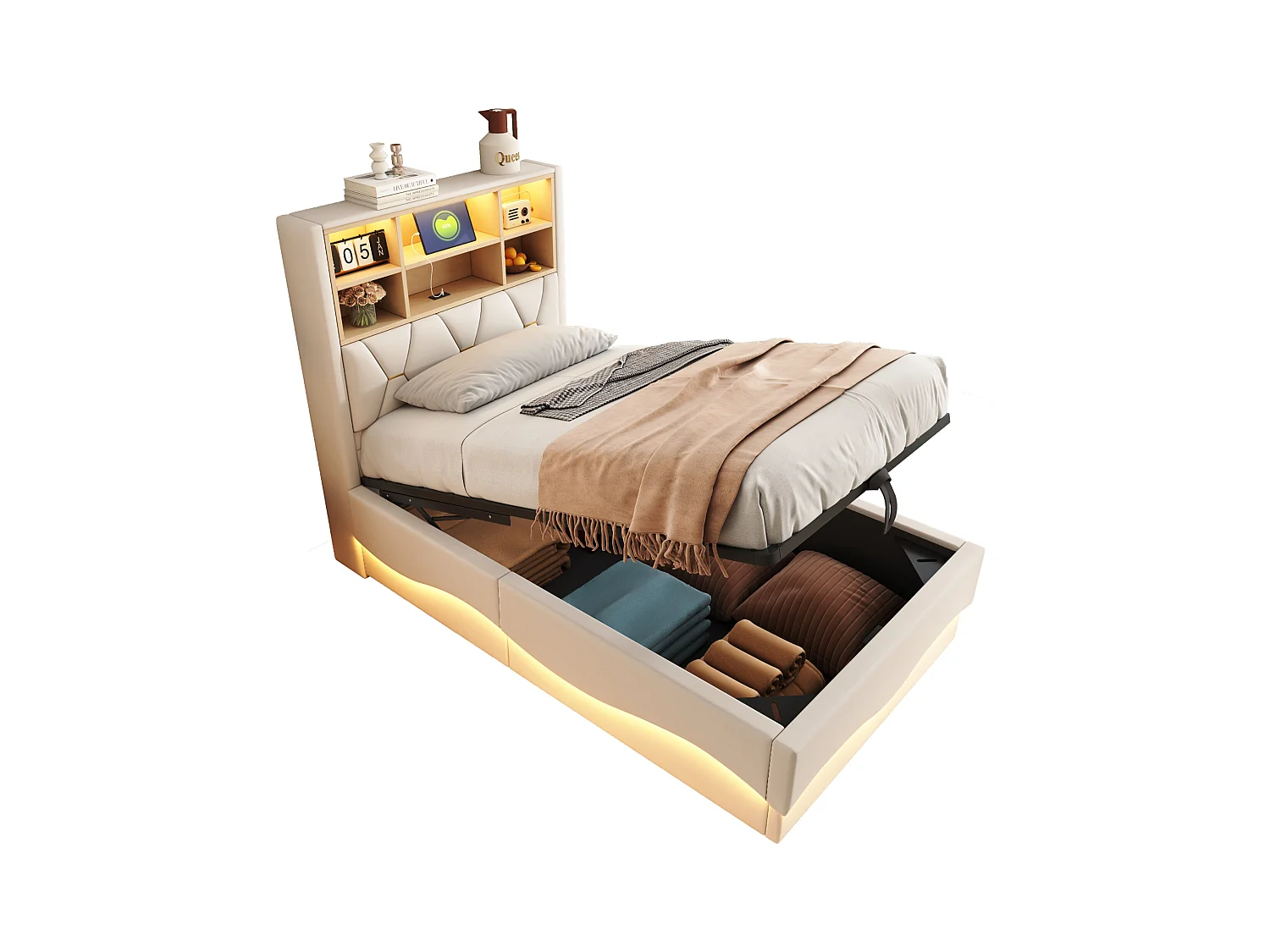 Lit coffre 90x200 cm, lin beige, lit enfant avec éclairage LED et port USB, tête de lit rangement - sans matelas