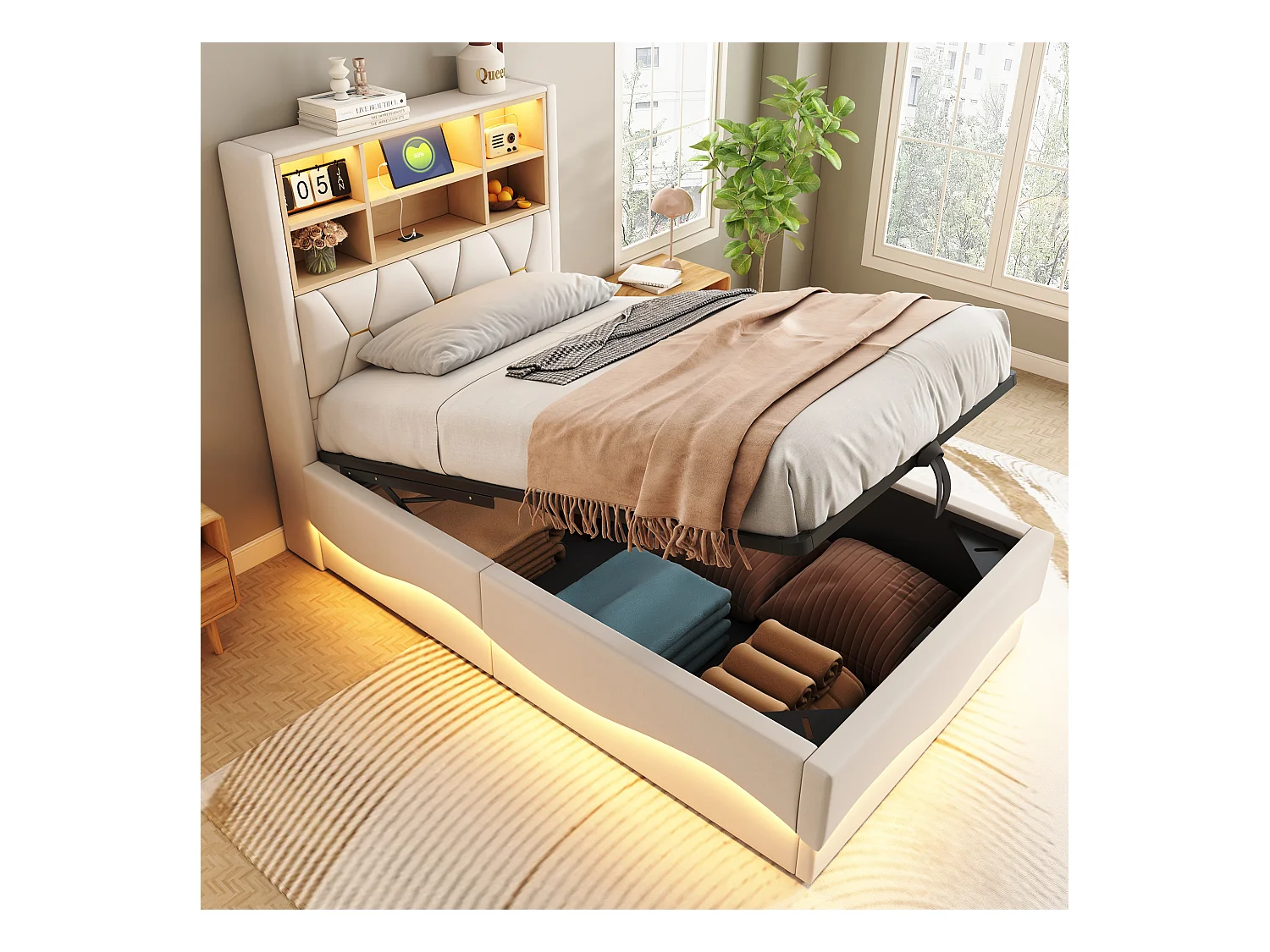 Cama con almacenamiento de 90 x 200 cm, lino beige, cama infantil con LED y puerto USB, cabecero con canapé - colchón no incluido