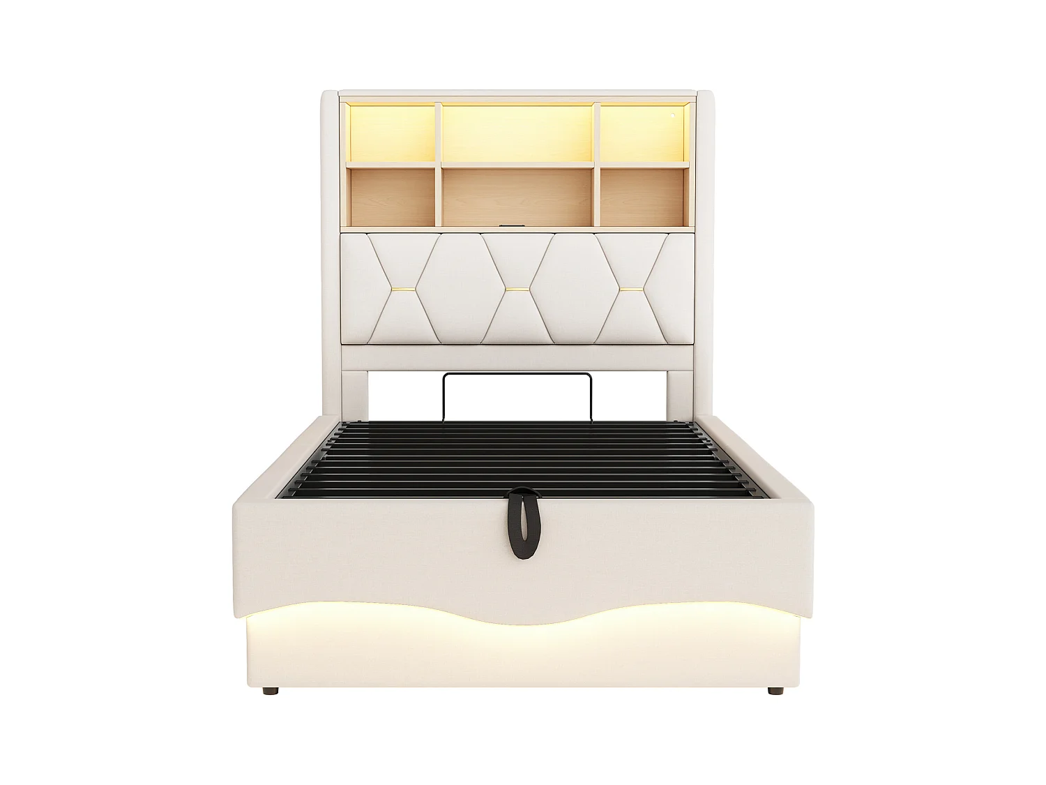 Cama con almacenamiento de 90 x 200 cm, lino beige, cama infantil con LED y puerto USB, cabecero con canapé - colchón no incluido