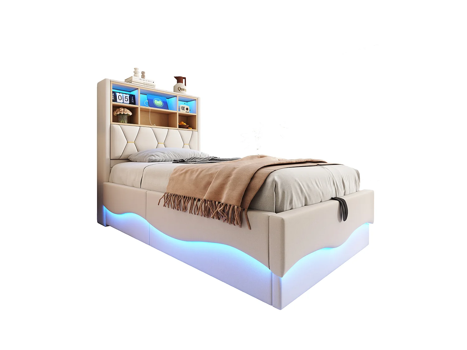 Cama con almacenamiento de 90 x 200 cm, lino beige, cama infantil con LED y puerto USB, cabecero con canapé - colchón no incluido
