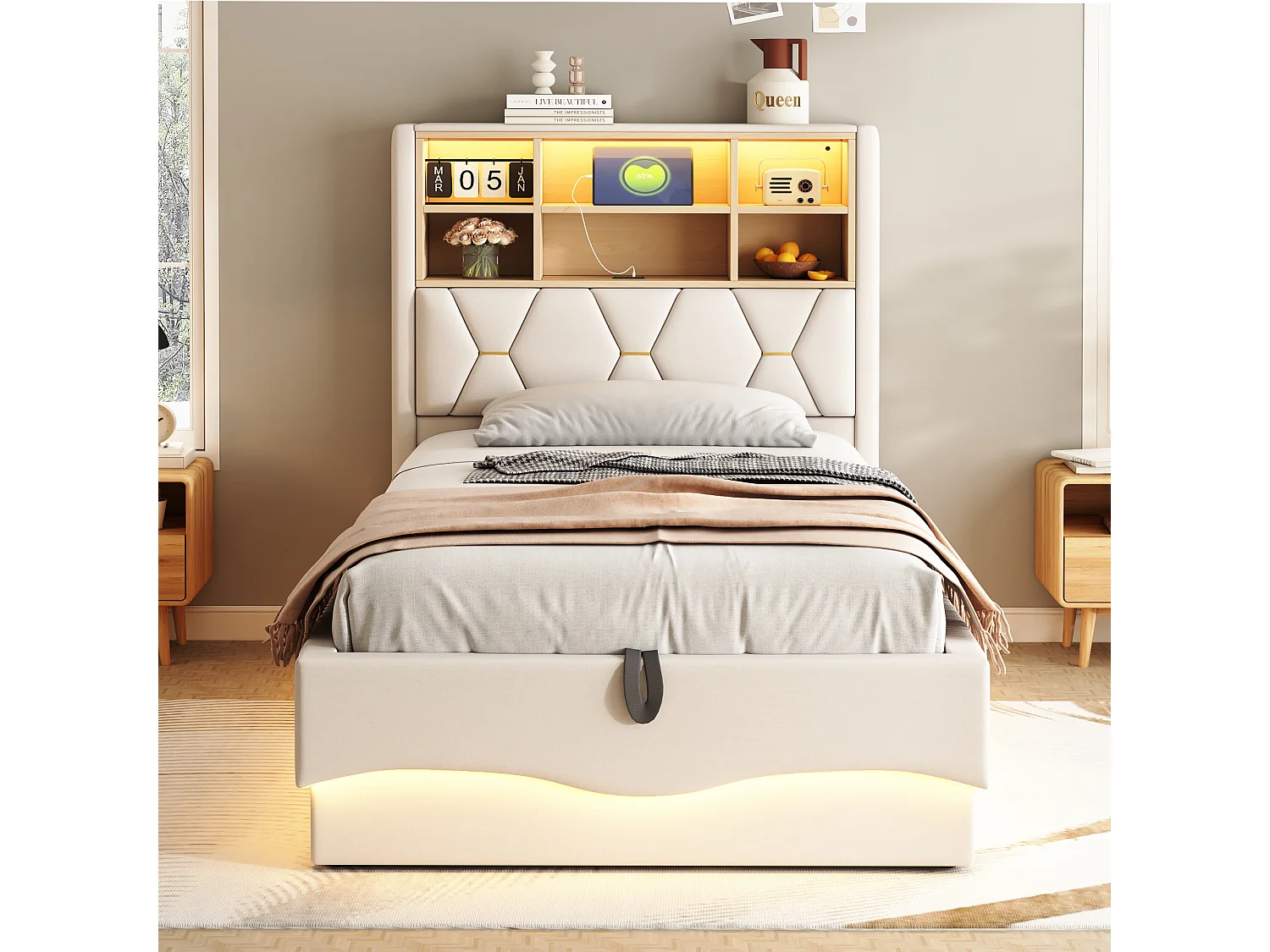 Letto contenitore 90x200 cm, lino beige, letto per bambini con luci a LED e porta USB, testiera contenitore - senza materasso