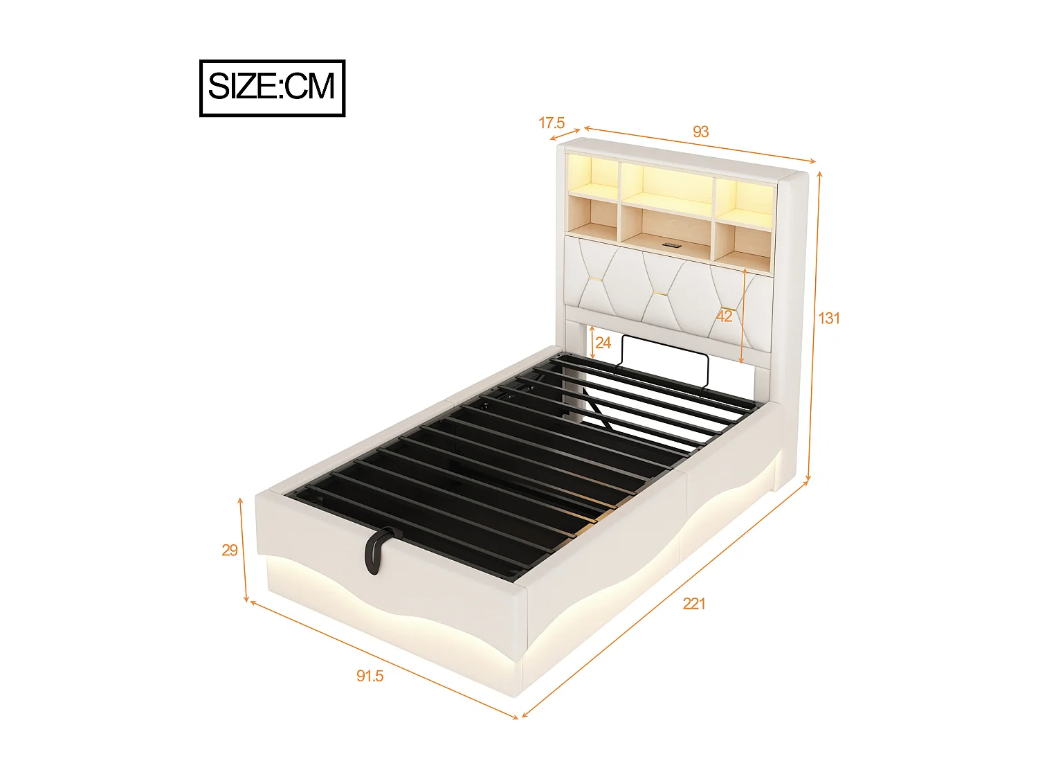 Letto contenitore 90x200 cm, lino beige, letto per bambini con luci a LED e porta USB, testiera contenitore - senza materasso